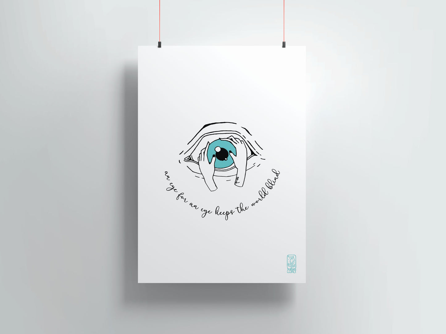 Poster with a hand-drawn illustration of a hand holding a blue eye on a white background