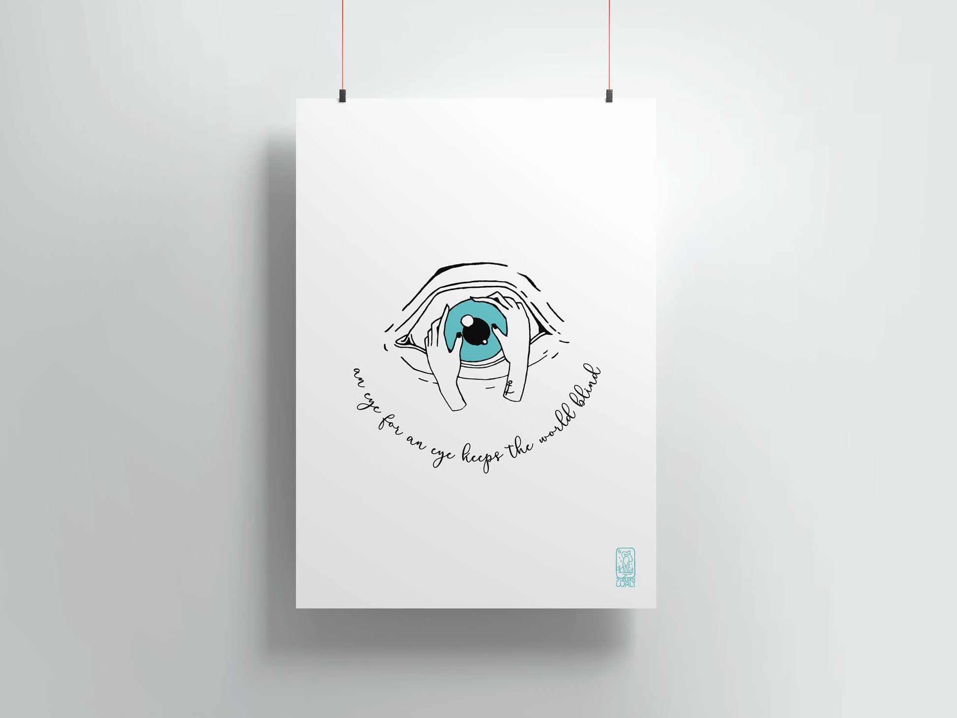 Poster with a hand-drawn illustration of a hand holding a blue eye on a white background