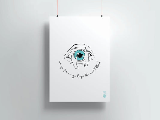 Poster with a hand-drawn illustration of a hand holding a blue eye on a white background
